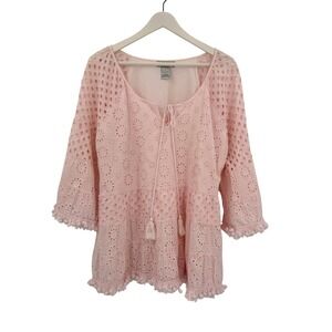 LASEINE Pink Eyelet Cotton Eyelet Tiered Tassel Bell Sleeve Tunic Boho Top L